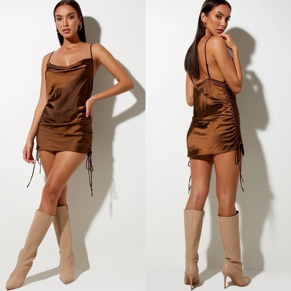 Motel Rocks Palila Mini Dress In Satin Rich Brown size XS